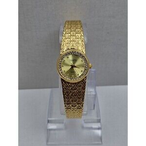 Manhattan Croton Womens Gold Tone Crystal Bezel Basket Weave Watch New Battery